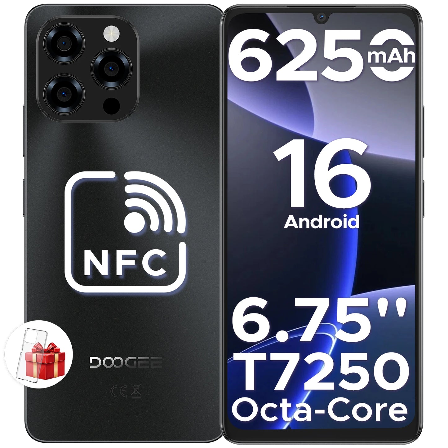 DOOGEE Note 58 Smartphone 6.75" HD+ 90Hz Display IPS Screen Android 16 8GB RAM+128GB ROM 6250mAh Battery T7250 Cellphone NFC