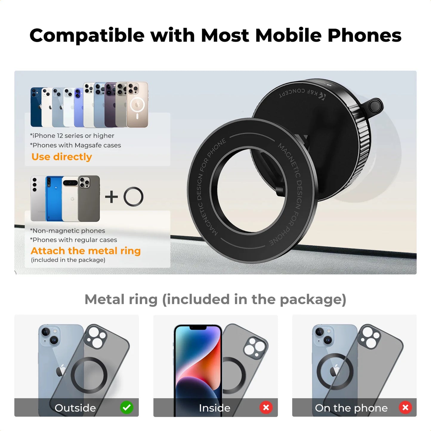K&F CONCEPT Magnetic Phone Holder with Suction Cup Base for Smooth Surfaces – 360° Rotatable Mount for iPhone & Android MagSafe