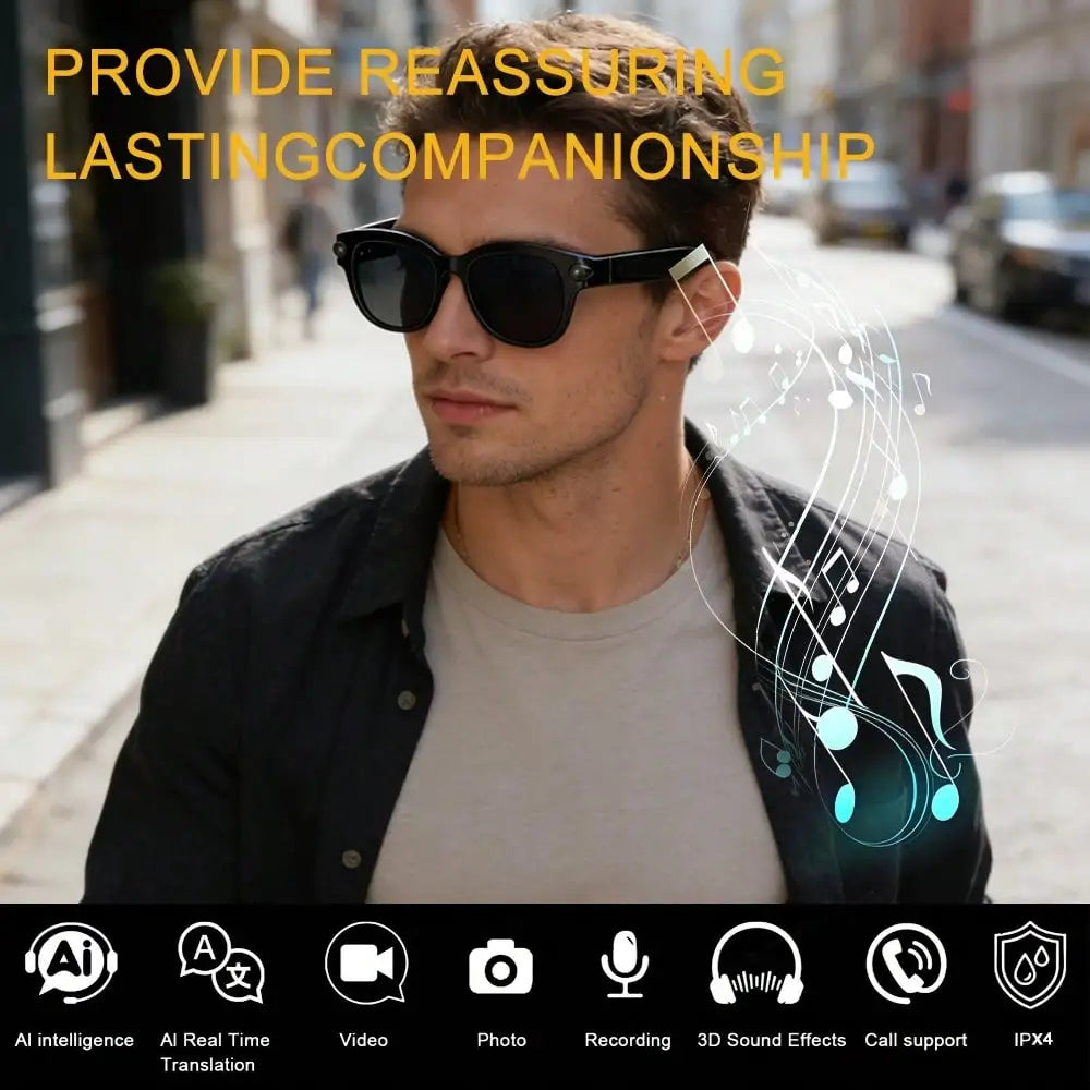 SENBONO New AI Smart Glasses for Men Women 2MP HD Camera 1080P 4K Video AI Voice Assistant Translator Music Playback Sunglasses