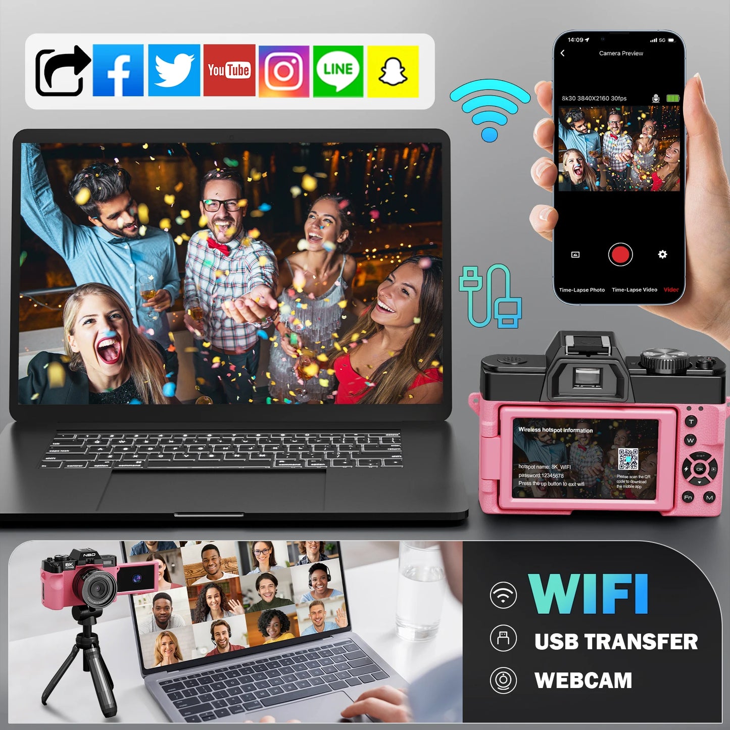 NBD 64MP&8K Video/Vlog Photography Digital Camera Pink Body with App Control Auto Focus Camera ** SHIPS FROM CHINA **