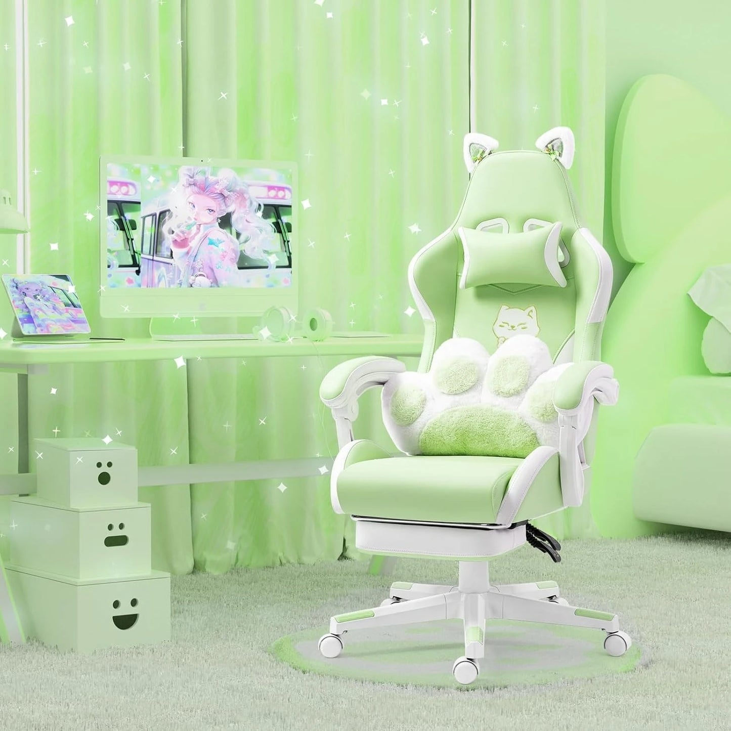 Cat, Dog, Cow Theme Gaming. Chair - Pink, Blue, Green , White PU Leather Ergonomic Reclining Office Chair with Footrest, 310lb Capacity, 6-Position, Customized Available in Multiple Colors.