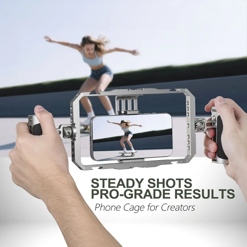 Universal Phone Cage by Perfect Take Gear aluminum handheld video rig with dual handles for most smartphones