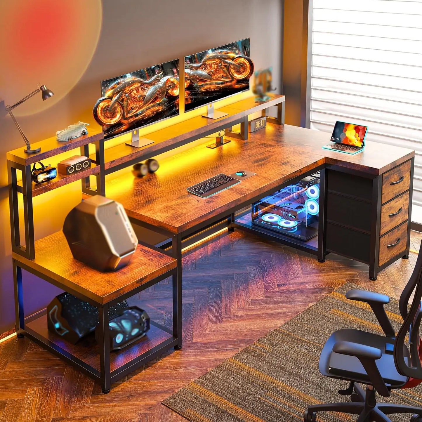 71" L Shaped Gaming Desk with 3 Drawers & Hutch,Computer Desk with Monitor Stand & Power Outlet,Home Office Desk, Customized