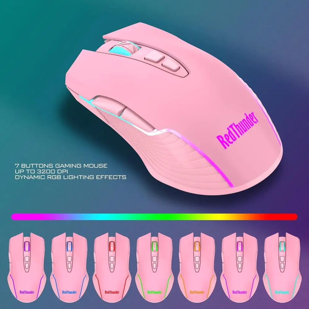 Wireless Pink Gaming Keyboard and Mouse Set, LED Backlit, Rechargeable 3800mAh, Mechanical Key Anti-ghosting + 7D 3200DPI Gaming Mouse