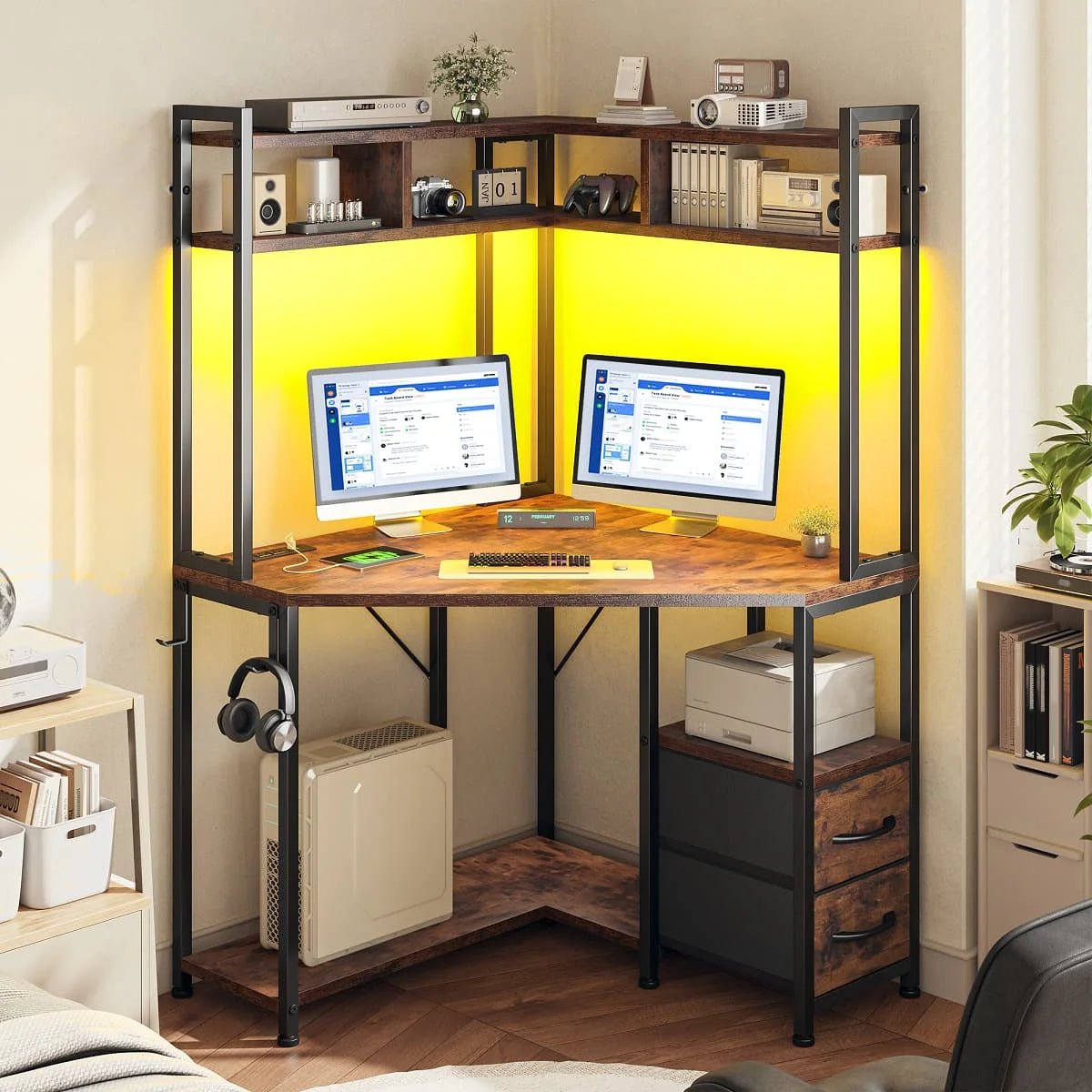 Corner Computer Desk with Power Outlets & LED Lights Gaming Desk with Storage Drawers & Shelves and Hook for Small Space