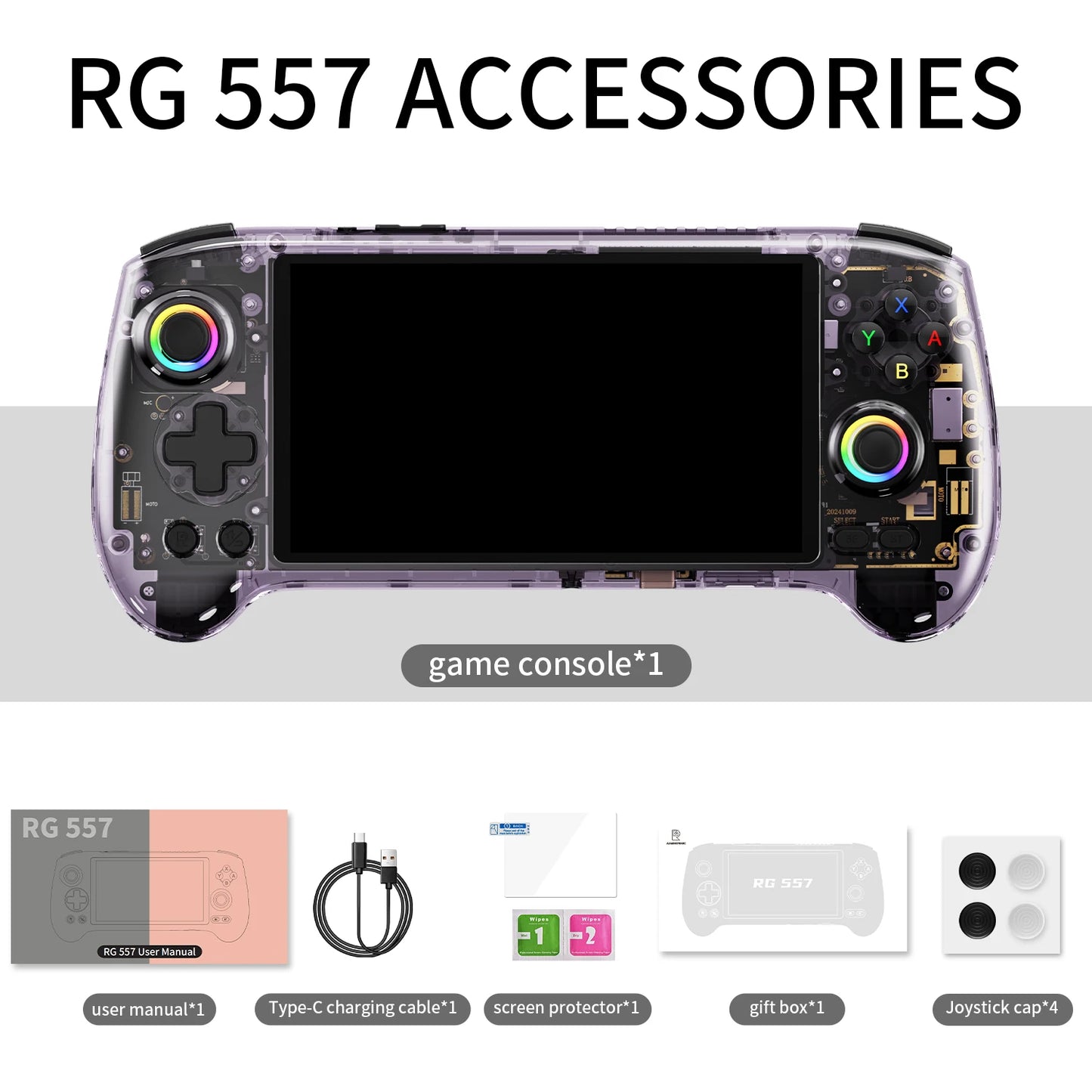 Anbernic RG557 handheld game console with Amoled screen in a purple shell; includes manual, cable, screen protector.