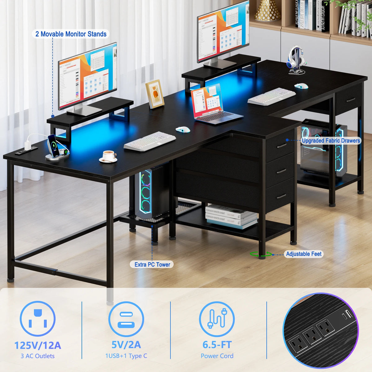 Satifur 93-inch two-person black office desk with LED lights, dual monitor stands, and built-in power outlets