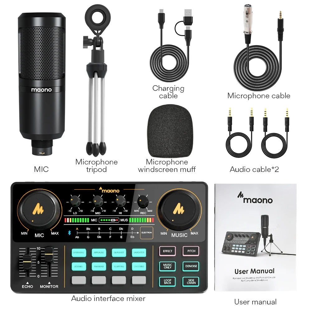 MAONO Bundle Audio Interface Condenser Microphone Set Podcast Equipment All-in-One Podcast Production Studio with 3.5mm Microphone for Live Streaming Recording PC Smartphone DJ MaonoCaster Lite + PM360TR (AU-AM200-S1 Black)
