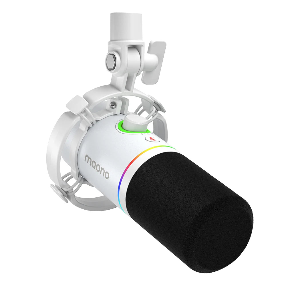 Maono PD200X dynamic RGB gaming microphone with white body and RGB ring, foam windscreen