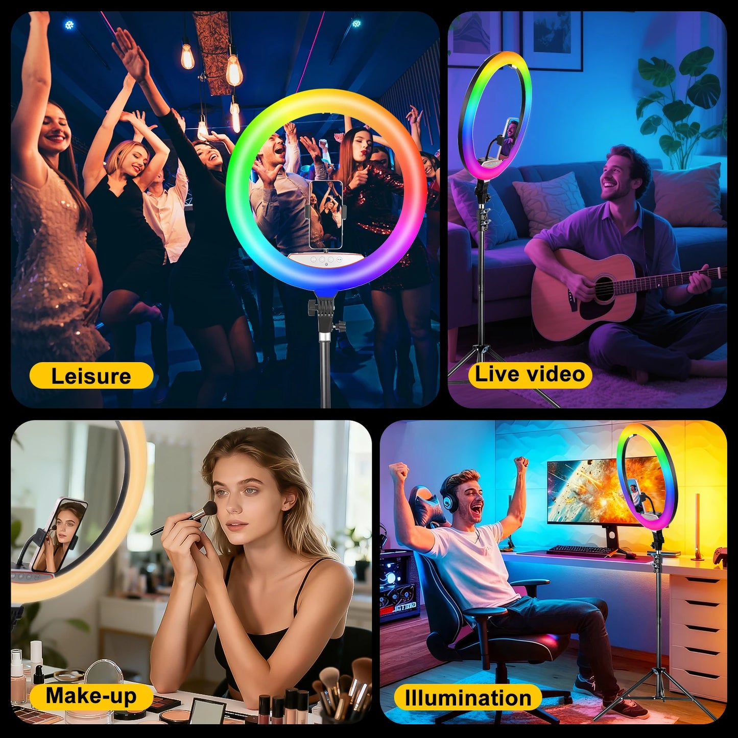 Professional 18 Inch Ring Light Kit - 1.86m Collapsible Tripod with 3 Adjustable Phone Holders, RGB Lighting Modes, Perfect for Portrait Photography/Videos/Online Teaching
