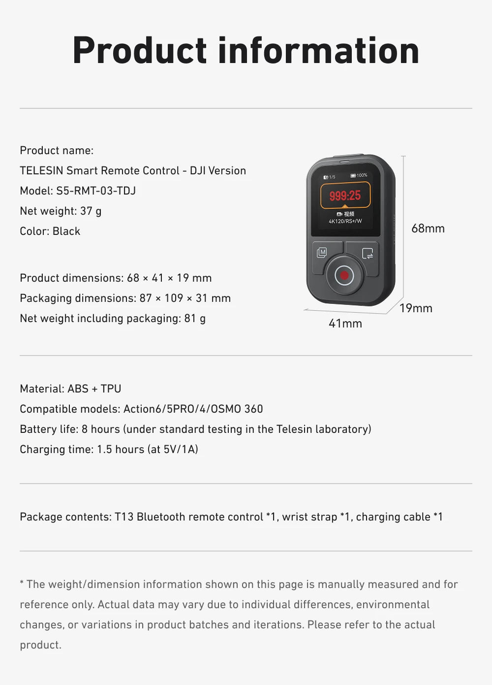 Telesin T13 Bluetooth Remote with 1.4-Inch Screen for DJ Osmo Action Camera
