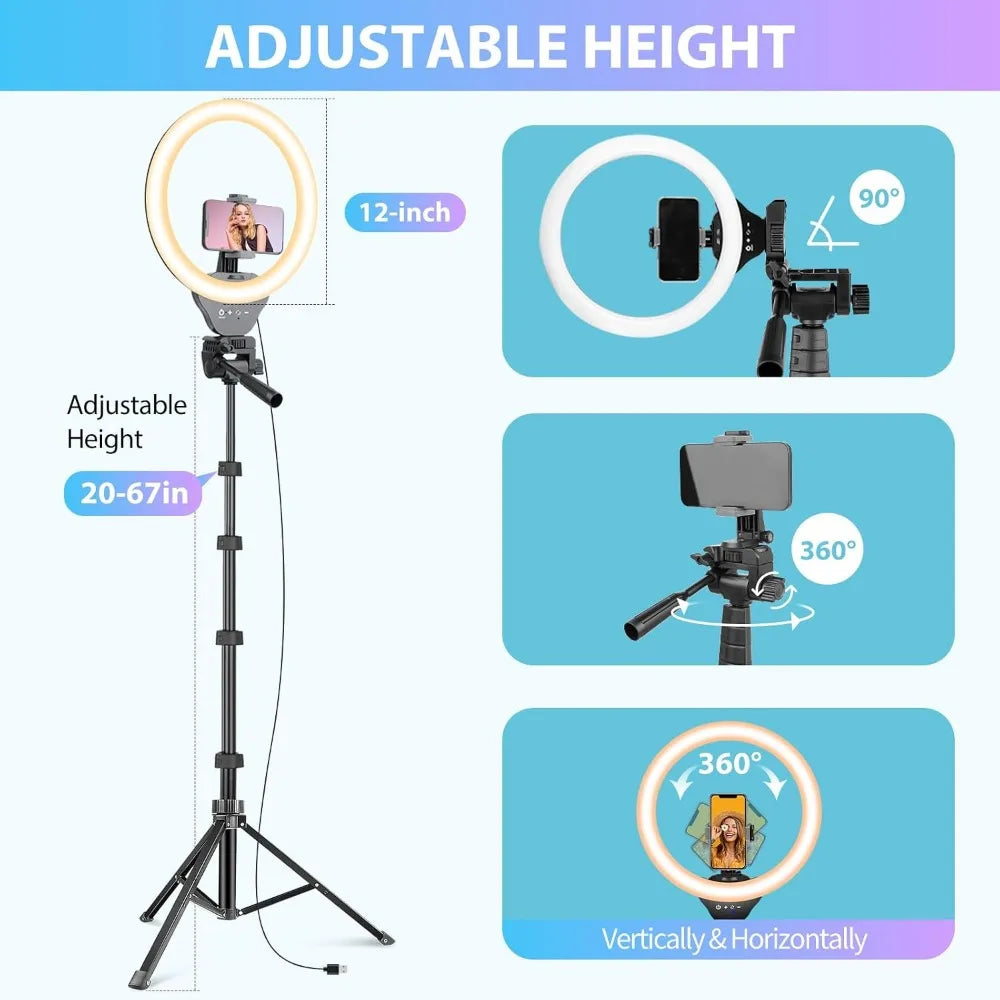 12-inch Ring Light, 67-inch Stick, Tripod for Live Stream, Video, Social Media, Universal Phone and Camera Compatibility