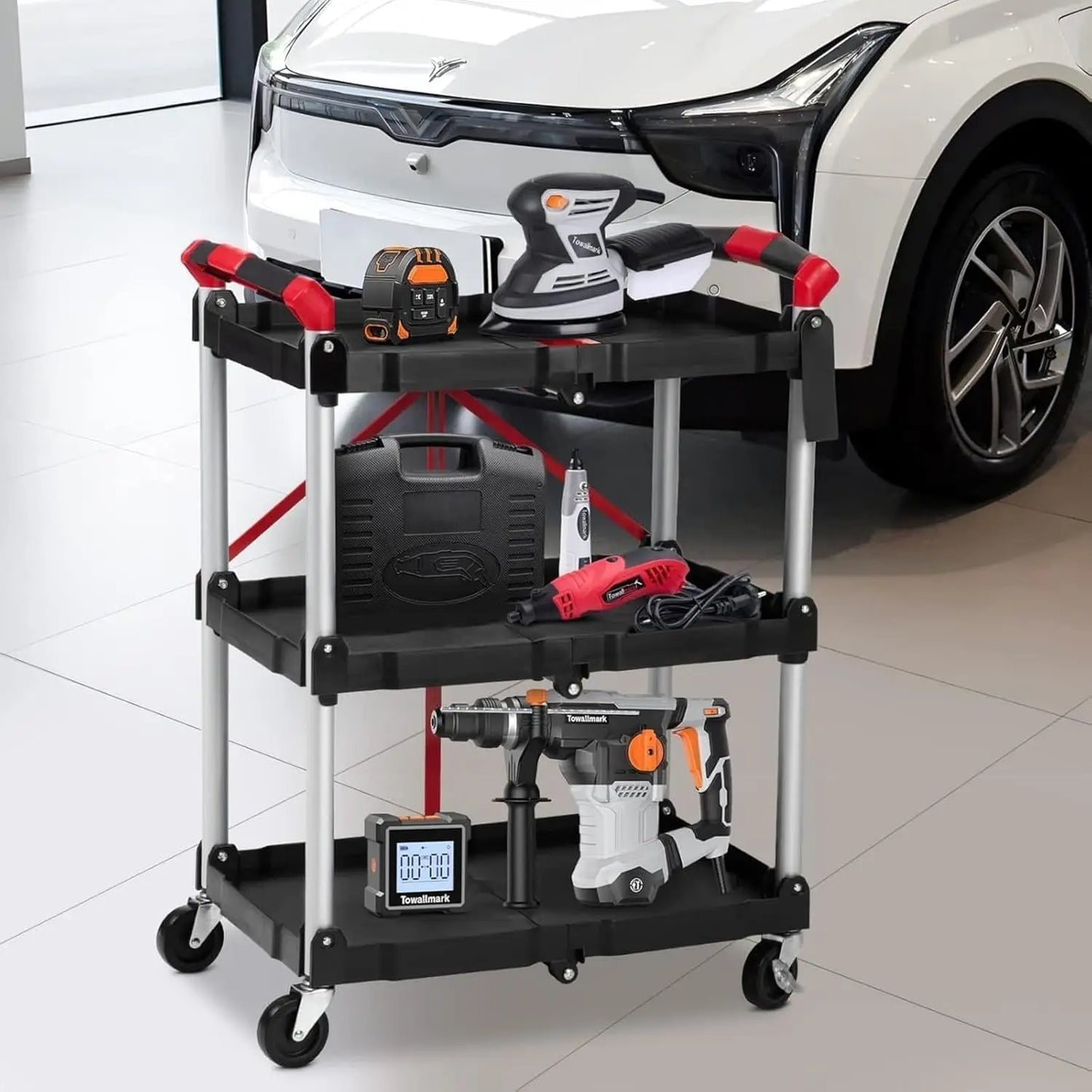 Three-Tier Foldable Utility Cart with Lockable Wheels