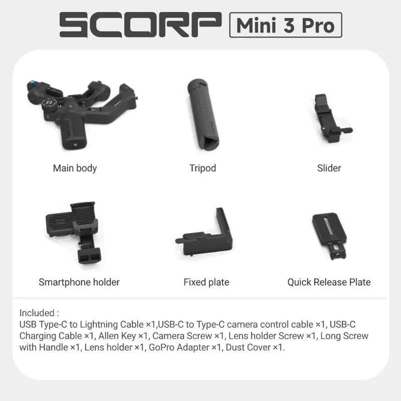 FeiyuTech SCORP Mini 3 Pro 3-in-1 Gimbal for Mirrorless, Action Cams and Smartphones with AI Tracking, 2 kg Load, 14 h Battery
