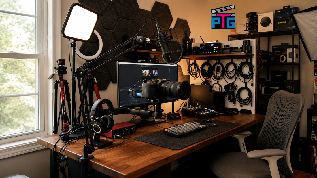 Home content studio setup with lighting and creator gear
