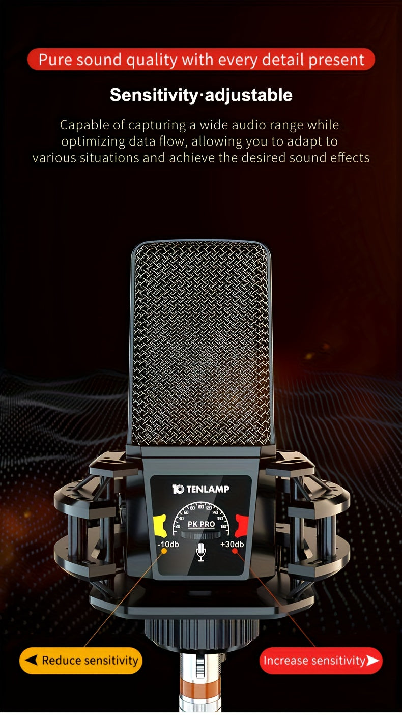 Tenlamp PKPRO microphone with a gold-plated 26mm head on a stand; black body and grill, front gain dial.