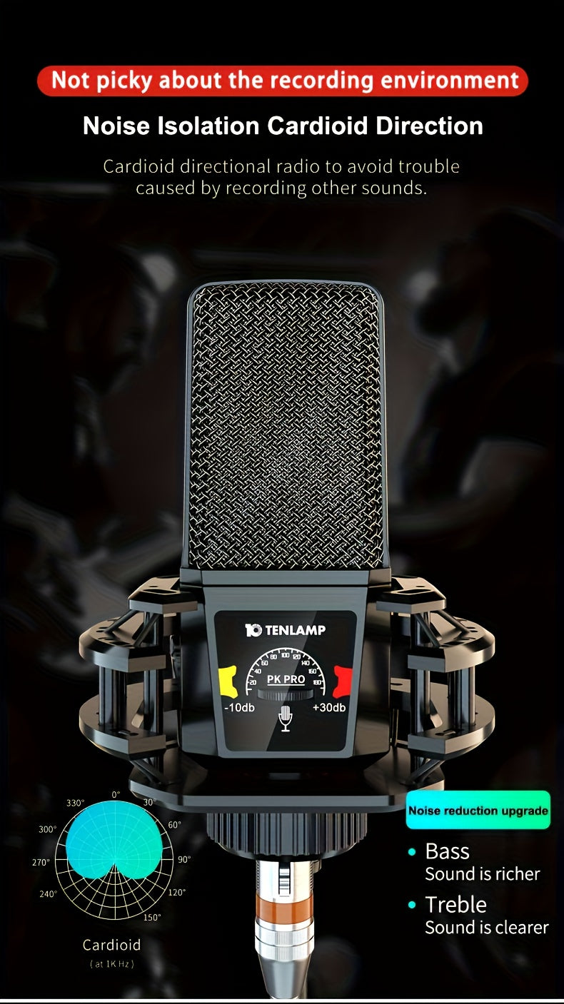 Tenlamp PKPRO large-diaphragm condenser microphone with stand, black body and cardioid pattern diagram
