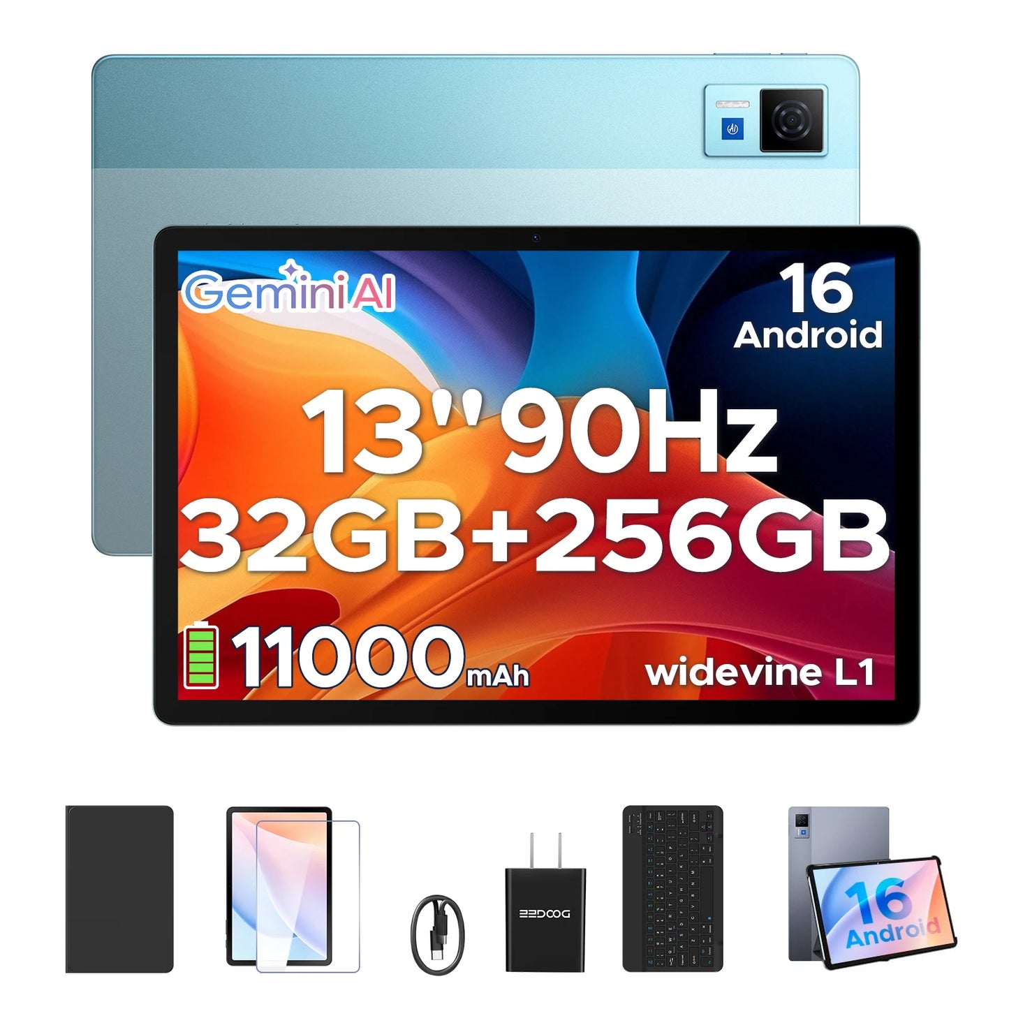 DOOGEE U13 Tablet 13 Inch Android 16 7.5mm Ultra-thin 13''FHD+IPS Screen 90Hz Gemini AI 32GB+256GB 11000mAh Large Battery Pad PC