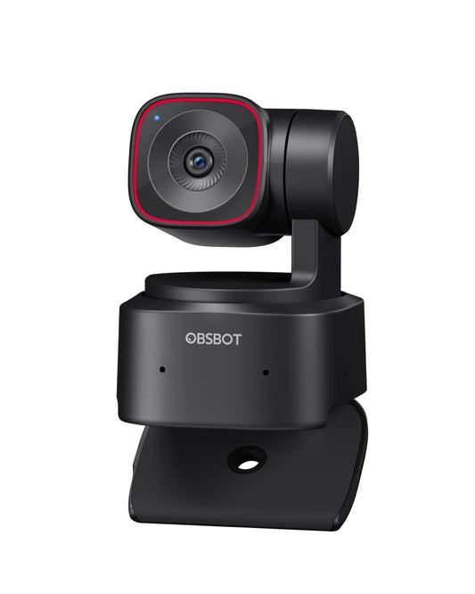 OBSBOT Tiny 2 Lite 4K webcam on adjustable mount; black body with blue LED