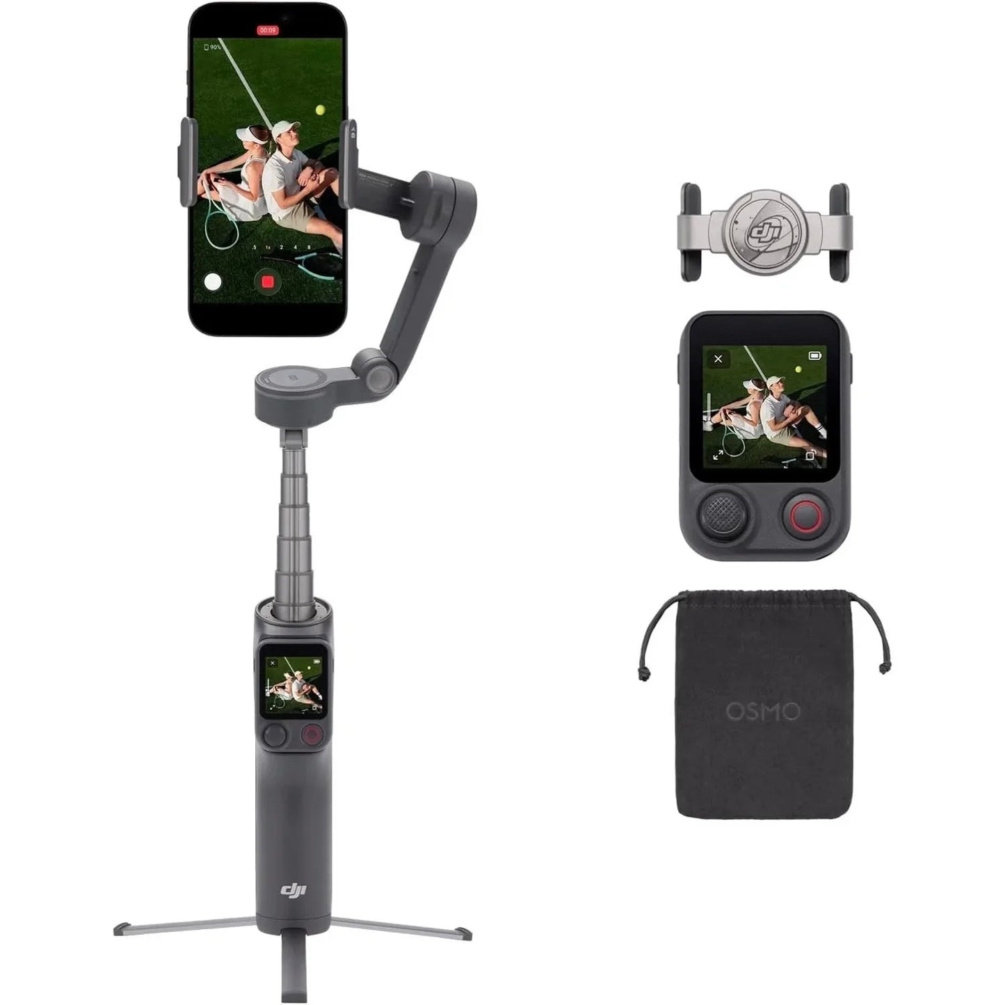 DJI Osmo Mobile 8P smartphone gimbal stabilizer in dark gray with AI tracking, includes phone clamp and carry pouch