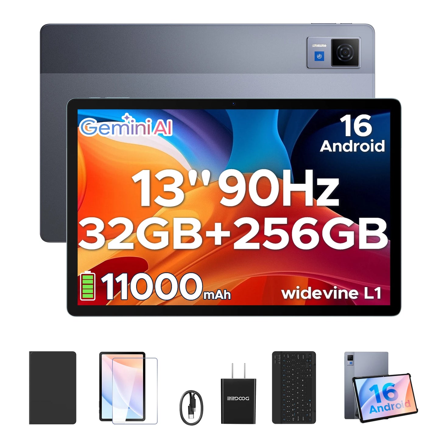 DOOGEE U13 Tablet 13 Inch Android 16 7.5mm Ultra-thin 13''FHD+IPS Screen 90Hz Gemini AI 32GB+256GB 11000mAh Large Battery Pad PC