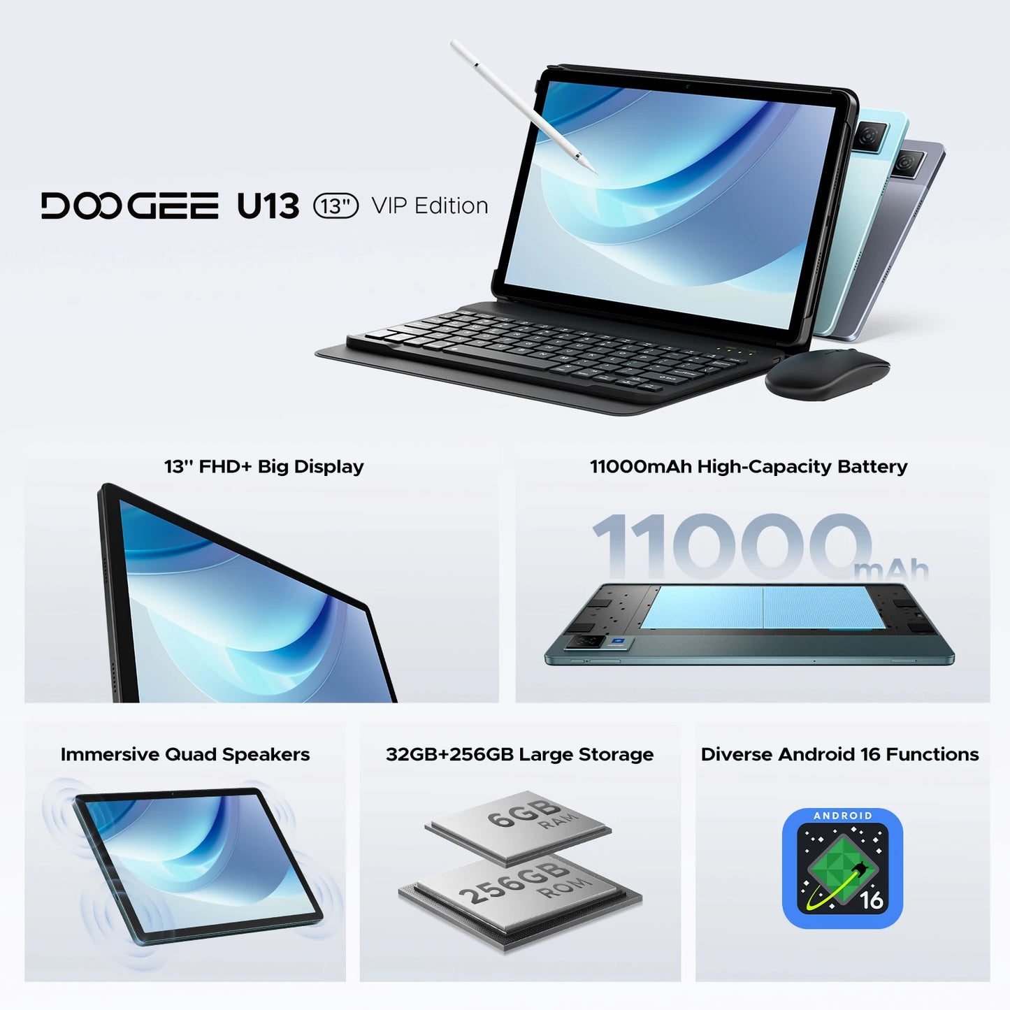 DOOGEE U13 Tablet 13 Inch Android 16 7.5mm Ultra-thin 13''FHD+IPS Screen 90Hz Gemini AI 32GB+256GB 11000mAh Large Battery Pad PC