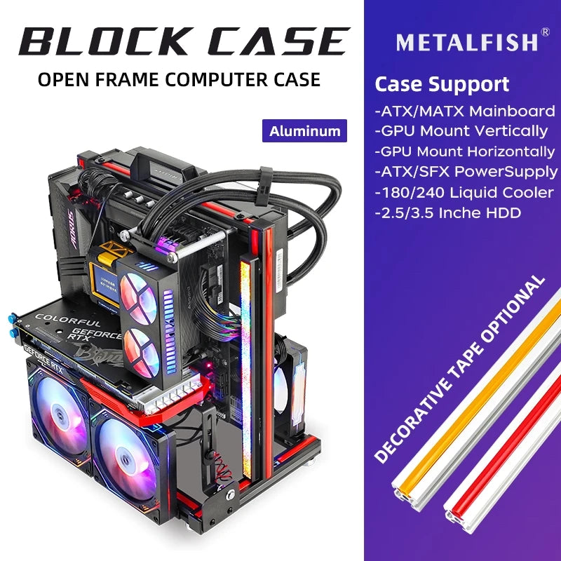 METALFISH BlockCase Aluminum Open Frame Case Support ATX/M-ATX Mainboard GPU Mount Horizontally 240 Water Cooler Gaming Cabinet ** **Ships From China**