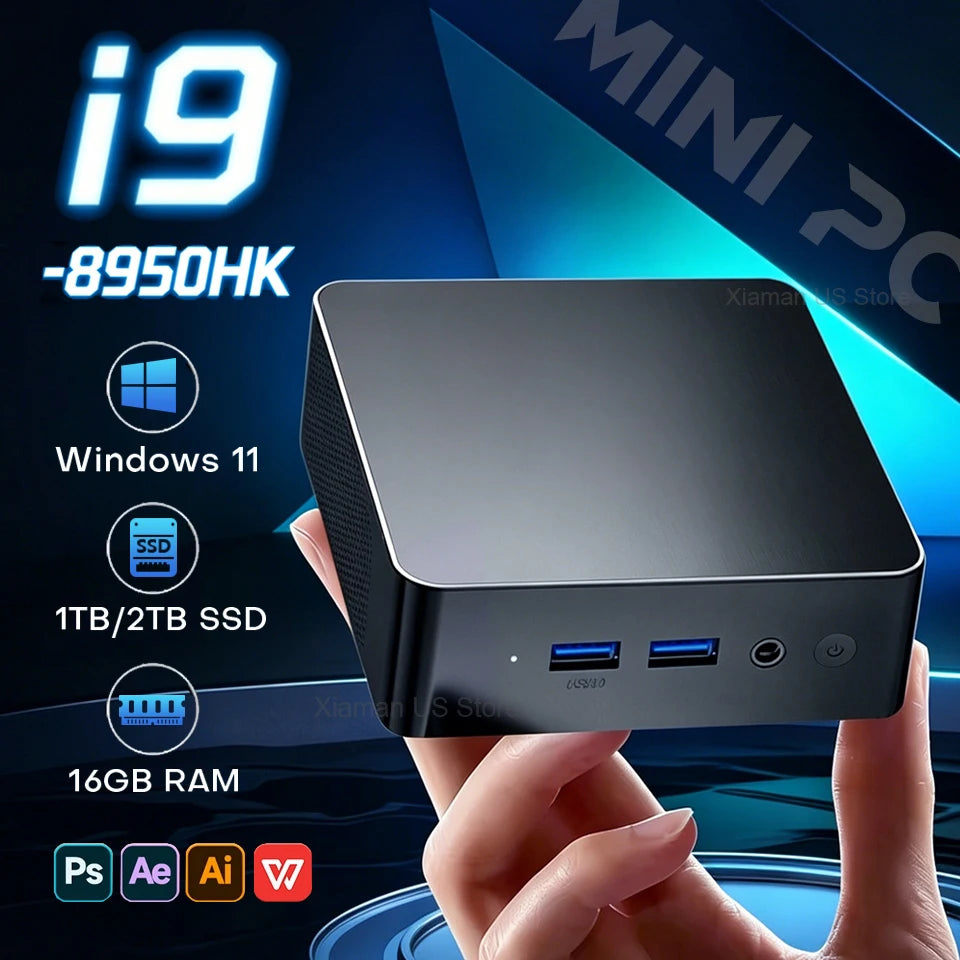 2026 Intel Core i9 8950HK Portable Mini PC Windows 11 Pro 16GB RAM 512GB 1TB M.2 SSD Gaming Computer WiFi6 BT5.2 Desktop MiniPC