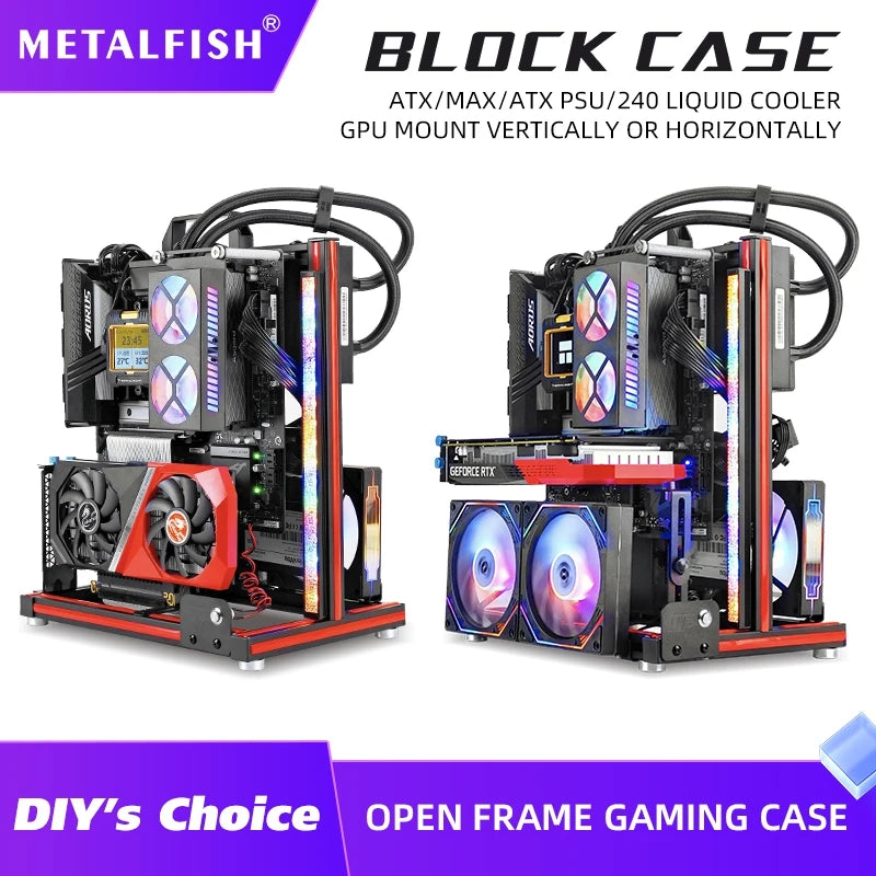 METALFISH BlockCase Aluminum Open Frame Case Support ATX/M-ATX Mainboard GPU Mount Horizontally 240 Water Cooler Gaming Cabinet ** **Ships From China**