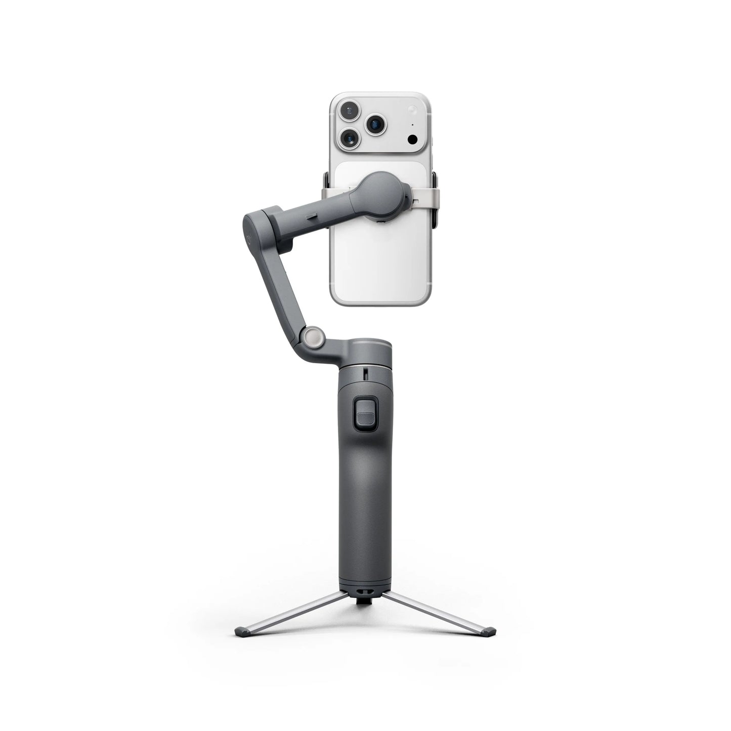 Perfect Take Gear smartphone gimbal stabilizer with AI tracking, gray, phone mounted.