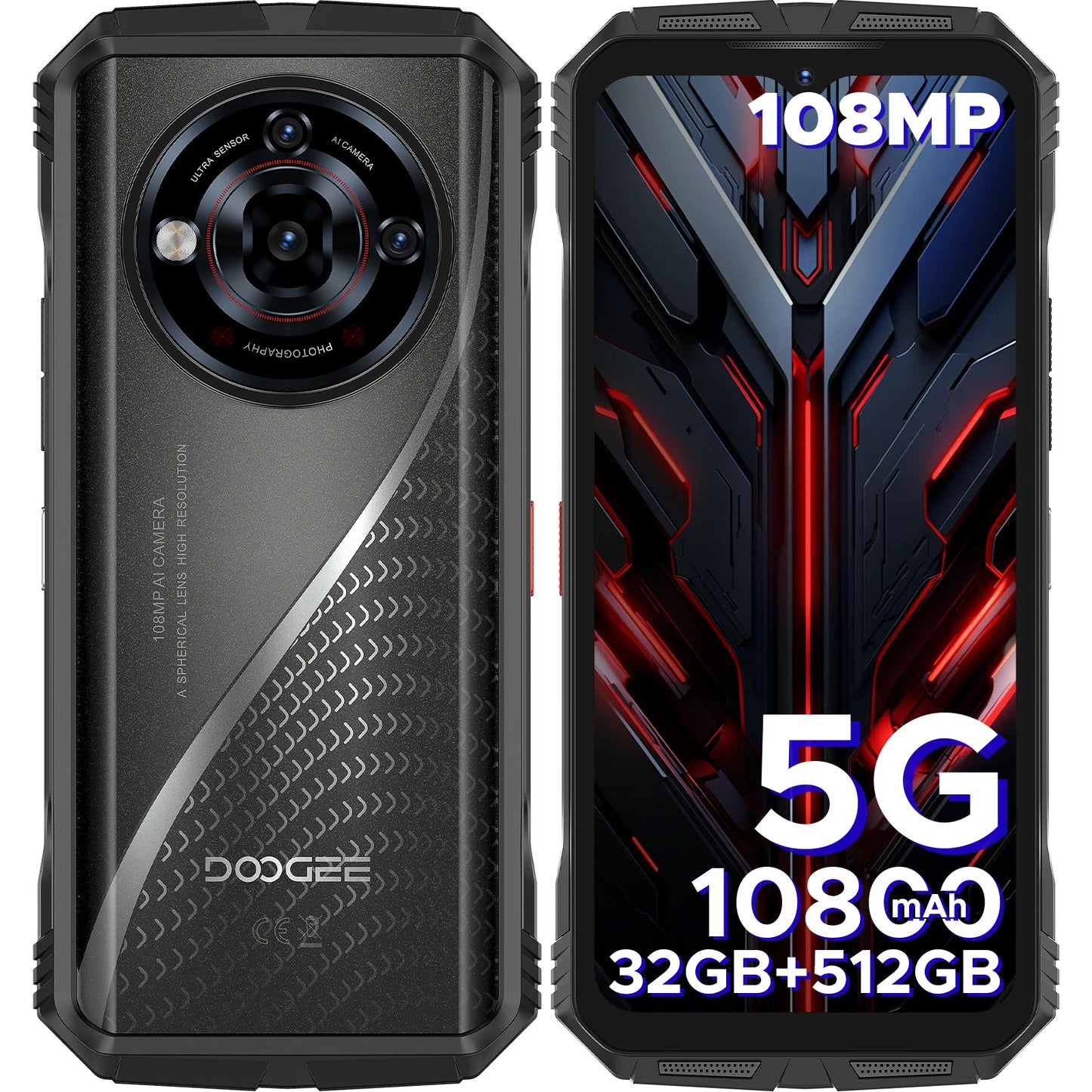 DOOGEE S118 Pro 5G Rugged Phone 6.6'' FHD+ 120Hz 8GB RAM+512GB ROM 10800mAh Battery 108MP+32MP Android 14 Cell Phone NFC Face ID