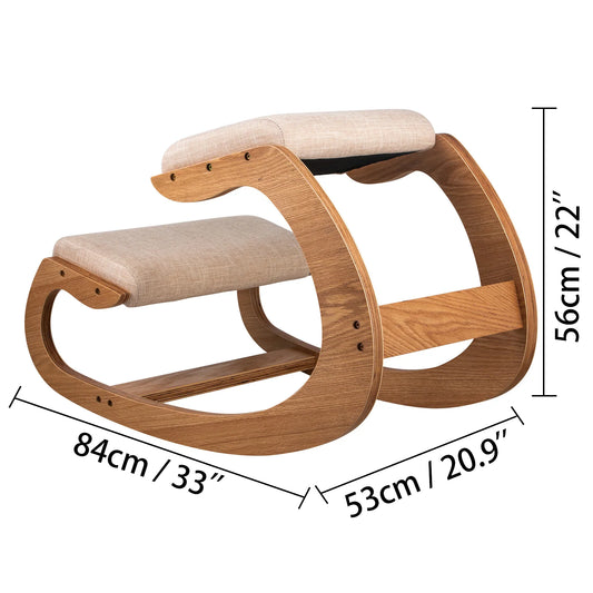 SucceBuy ergonomic kneeling chair with birch wood frame and cushioned seat, front view with dimensions