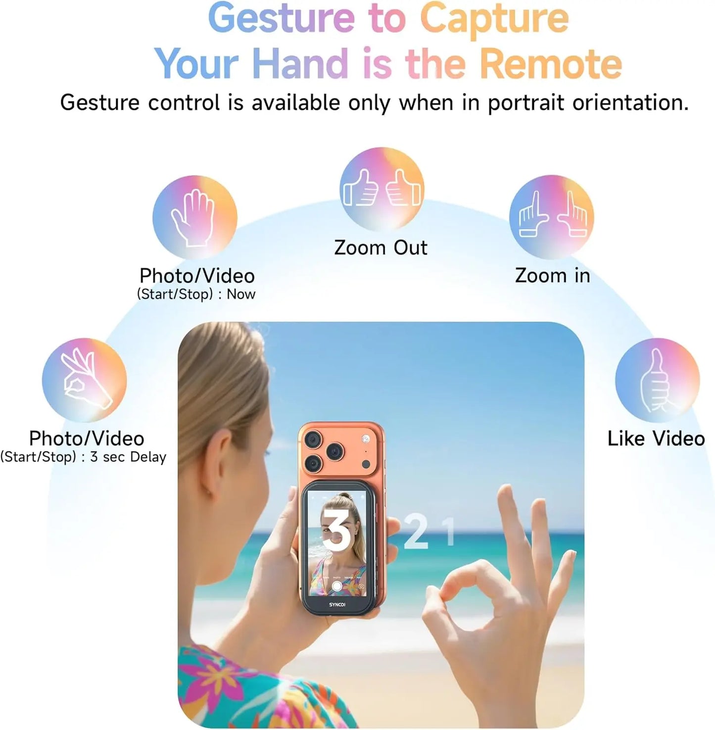 SYNCO XView Selfie Monitor Screen for iPhone 7-17 Series AI Gesture Wireless Magnetic Rear Camera 4K 1080P 164FT for Photograph