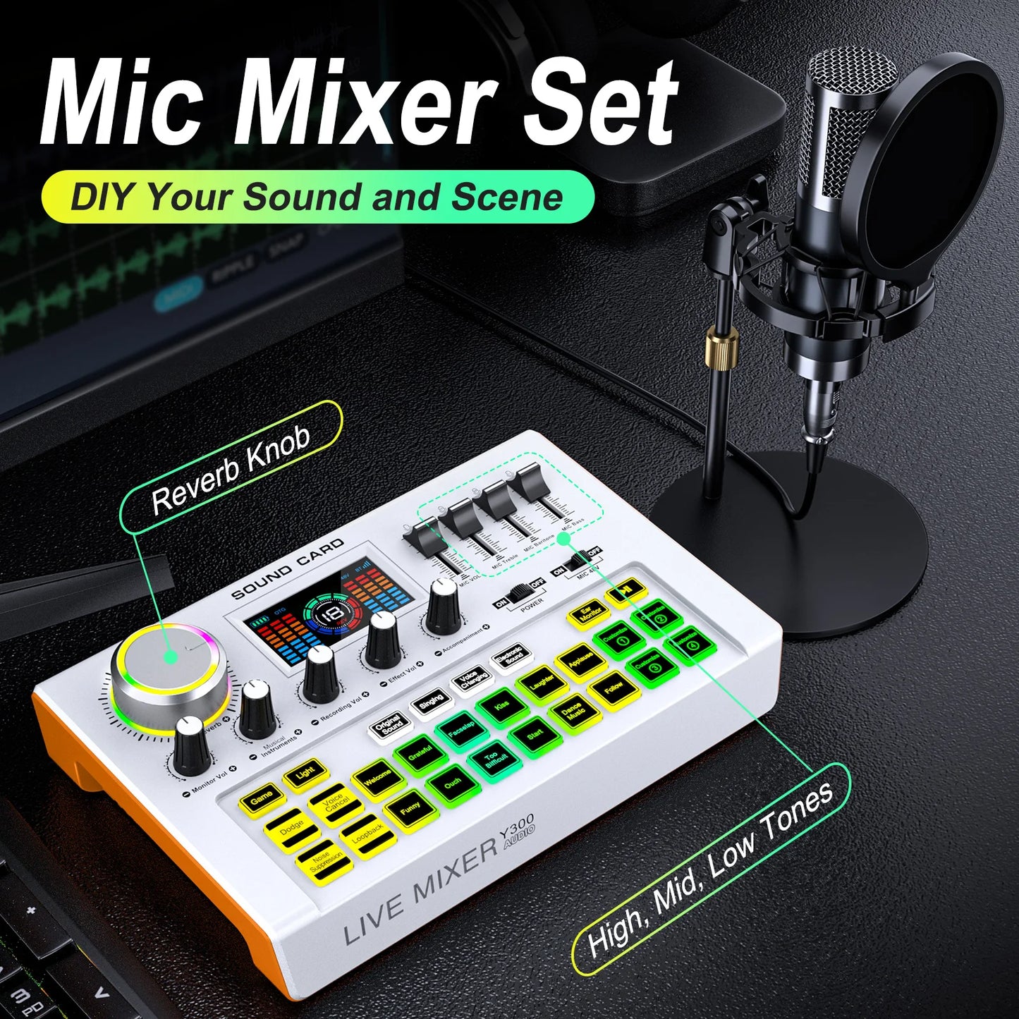 Tenlamp Podcast Equipment Bundle Kit for 4 People Profesional Studio Sound Board with 3.5mm Condenser Microphone(Y300-P15B) for Pc/Phone，Live Sound Card Full Set Voice Changer Mobile Audio Mixer With Bluetooth