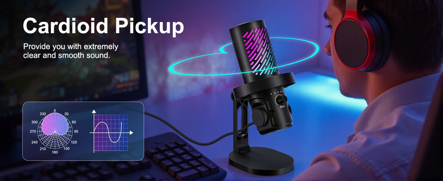 Tenlamp CG1 RGB USB condenser microphone on a desk stand for PC, black with RGB lighting by Perfect Take Gear