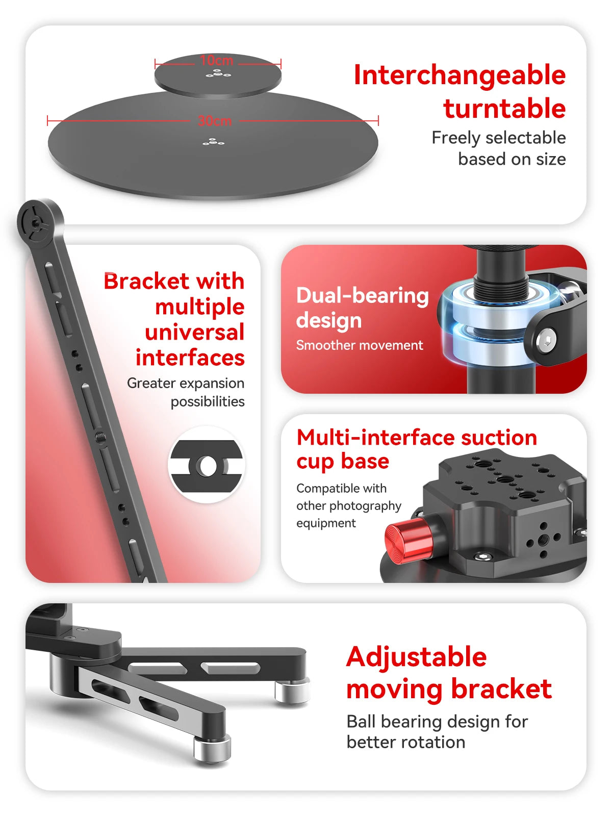 360° Panoramic Shooting Stand Rotating Photography Turntable with Telescopic Arm & Suction Cup Base for Product Video Shooting