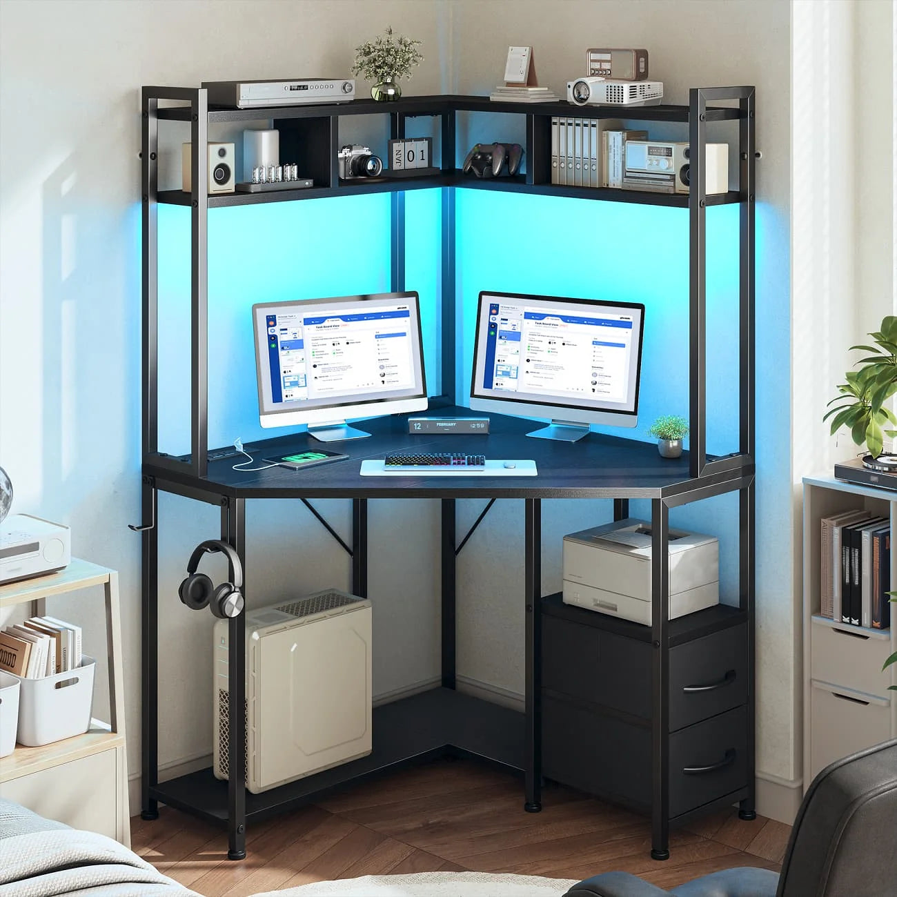 Corner Computer Desk with Power Outlets & LED Lights Gaming Desk with Storage Drawers & Shelves and Hook for Small Space