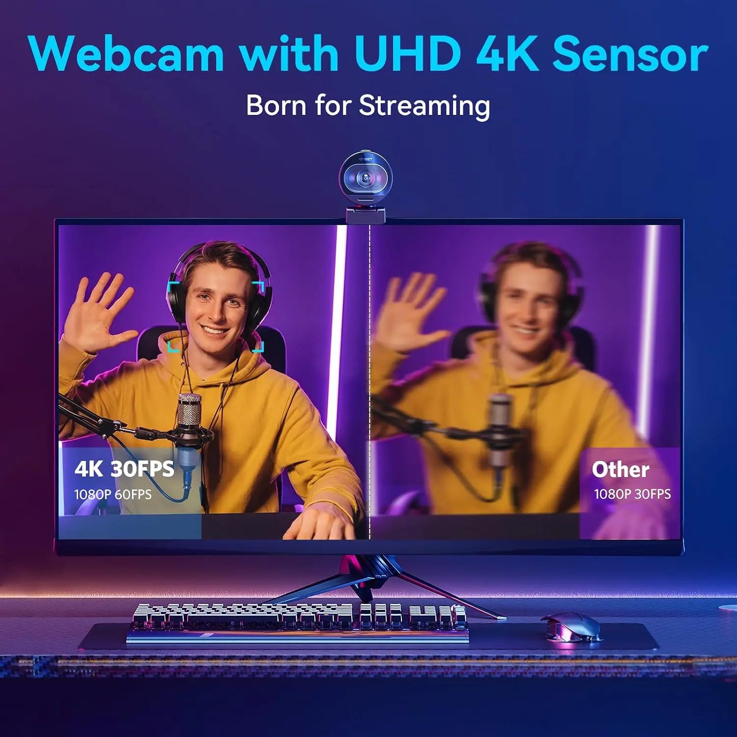 4K Webcam with Sony Sensor, PDAF Autofocus, 1080P@60FPS, Noise Reduction Mics, Privacy Cover