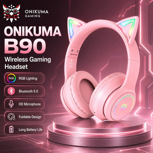 Onikuma B90 pink cat-ear gaming headset with RGB lighting, Bluetooth 5.0, foldable design, HD mic.