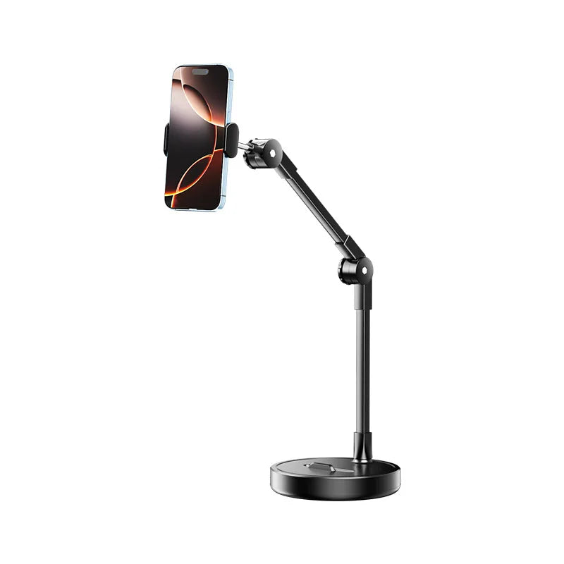 Adjustable black metal phone desk stand with ergonomic grip for vlogging by Perfect Take Gear