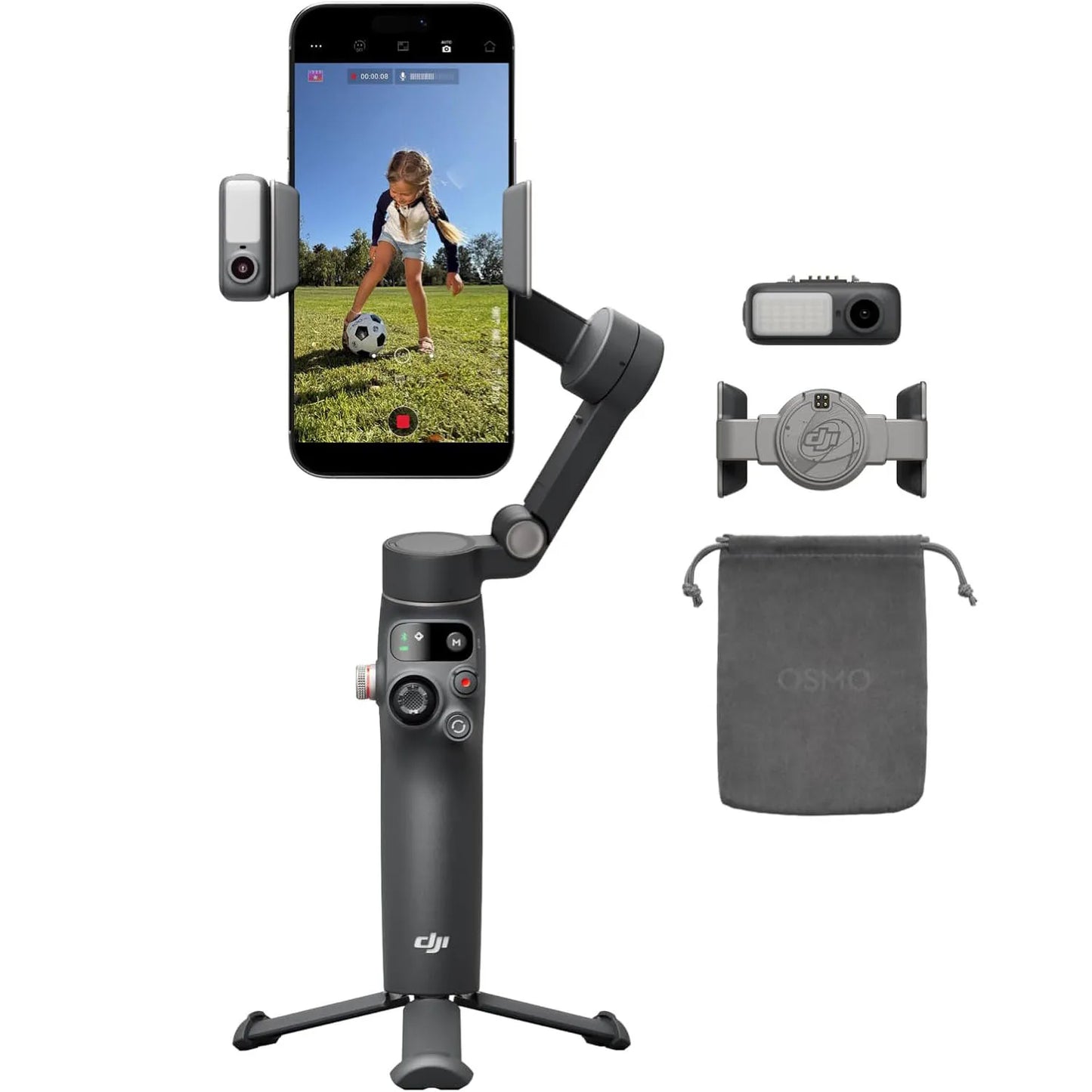 DJI Osmo Mobile 8 phone gimbal stabilizer in dark gray with AI tracking, LED lighting kit, and carry pouch