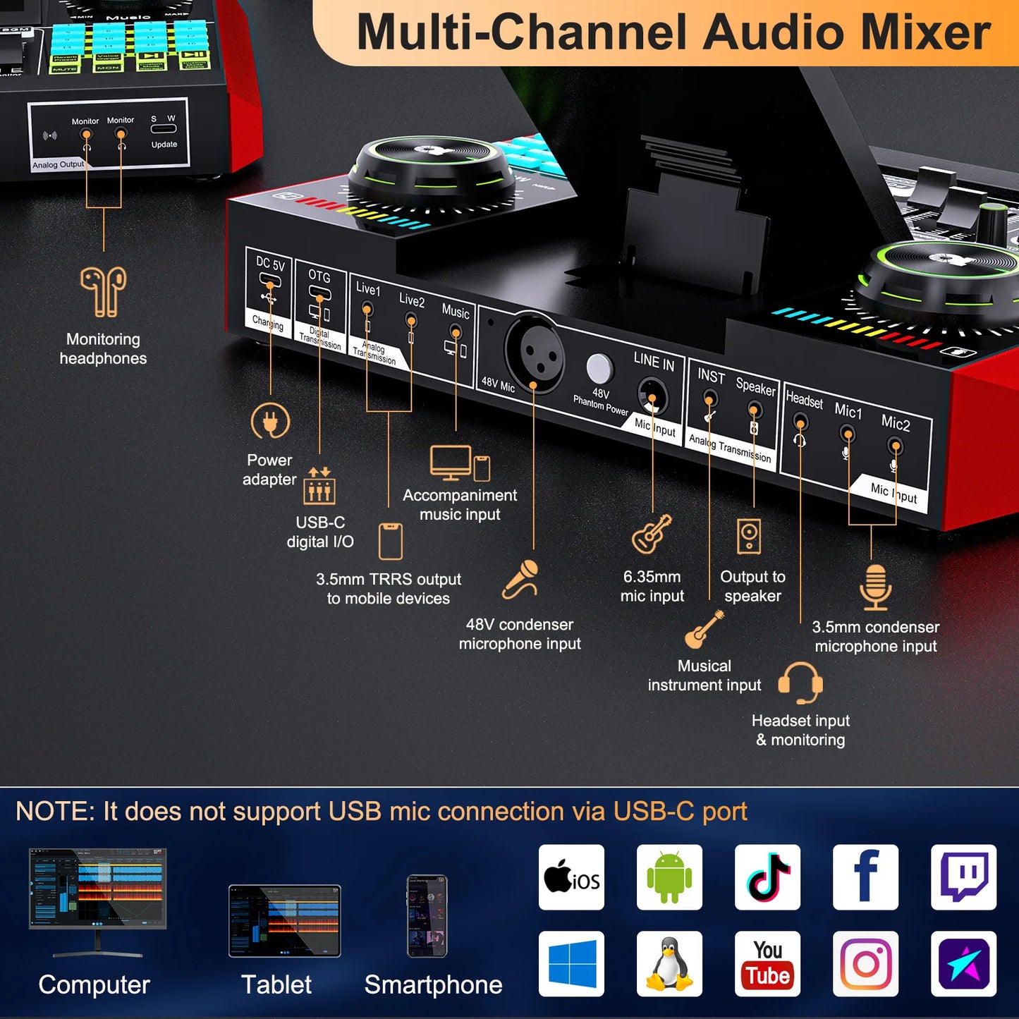 Tenlamp G10 PKPRO Live Sound Card with 6-Channel Mixer and RGB Lighting