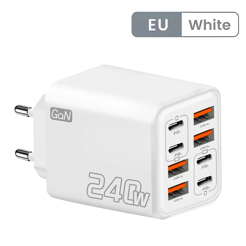 240W GaN USB C Charger 8 in 1 Fast Charging Phone Charger Power Adapter For iPhone Samsung Xiaomi Type C EU/US Plug Wall Charger **Ships from China**