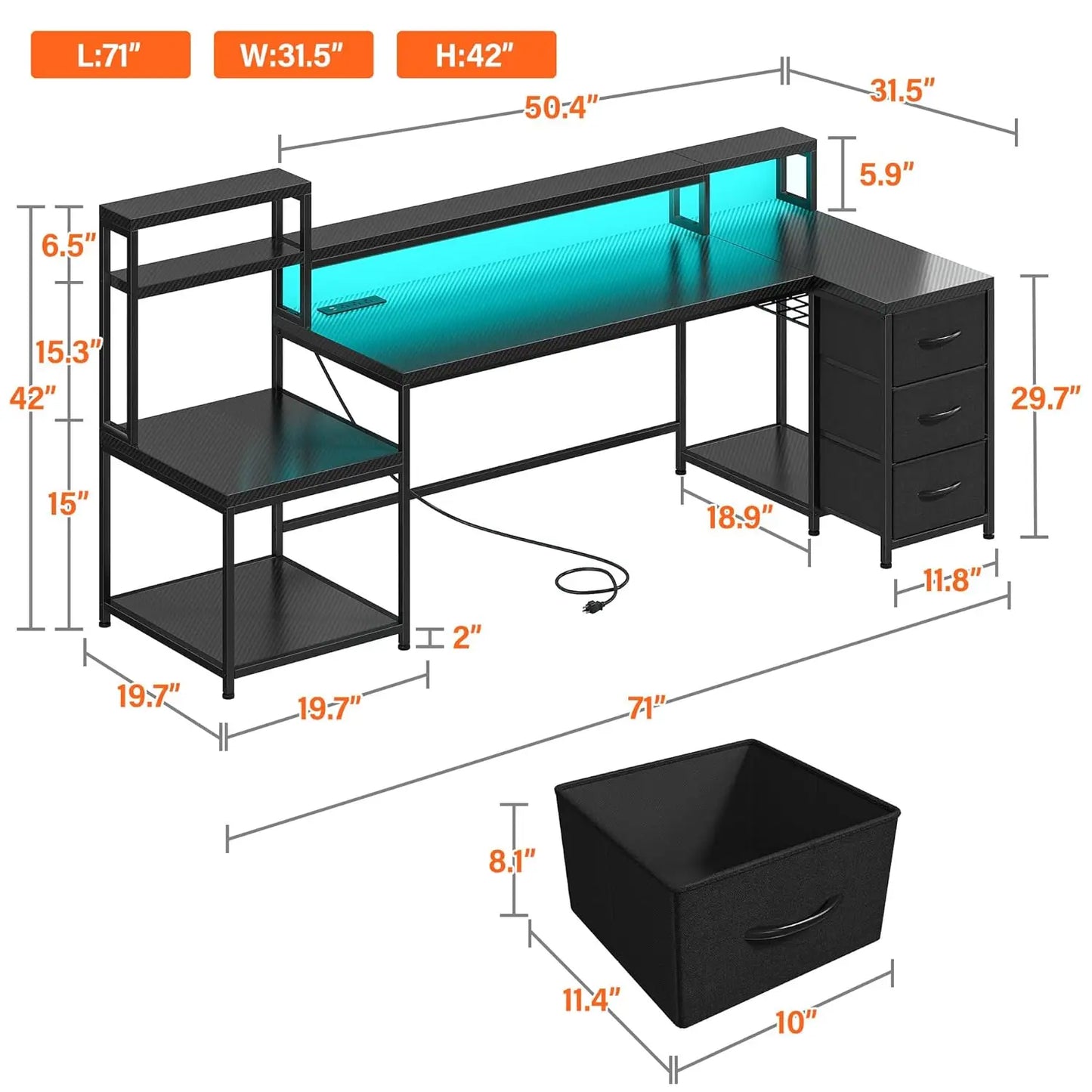 71" L Shaped Gaming Desk with 3 Drawers & Hutch,Computer Desk with Monitor Stand & Power Outlet,Home Office Desk, Customized