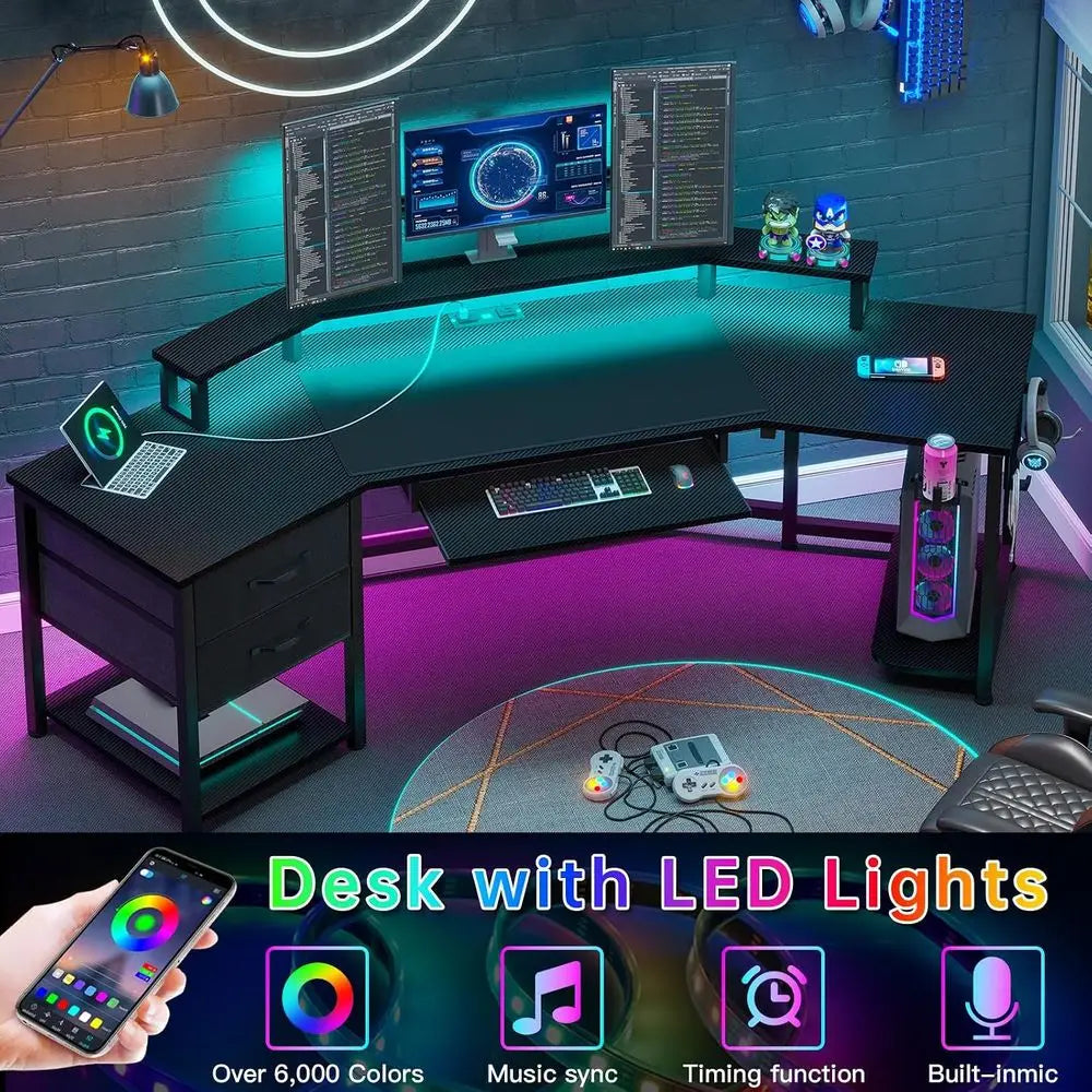 79 Inch L Shaped Gaming Desk With Carbon Fiber Top And Led Lights