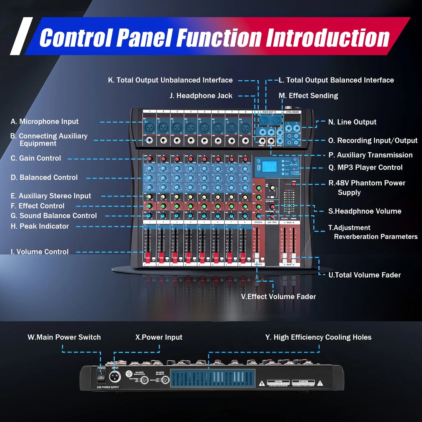 Bymaocar Professional Audio Mixer With Bluetooth USB Recording