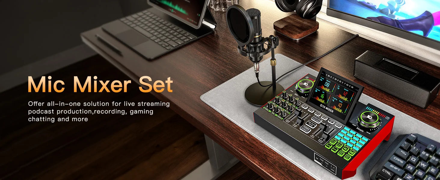 Portable audio mixer bundle with condenser microphone for podcasting, black mixer on desk with pop filter and laptop