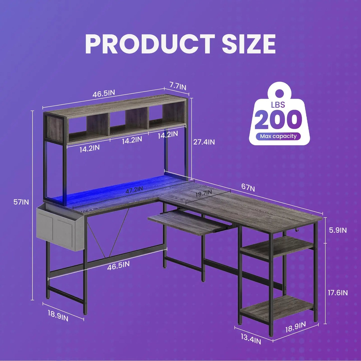 JHK 67-inch L-shaped gaming desk with keyboard tray, storage shelf, LED lighting, and metal frame