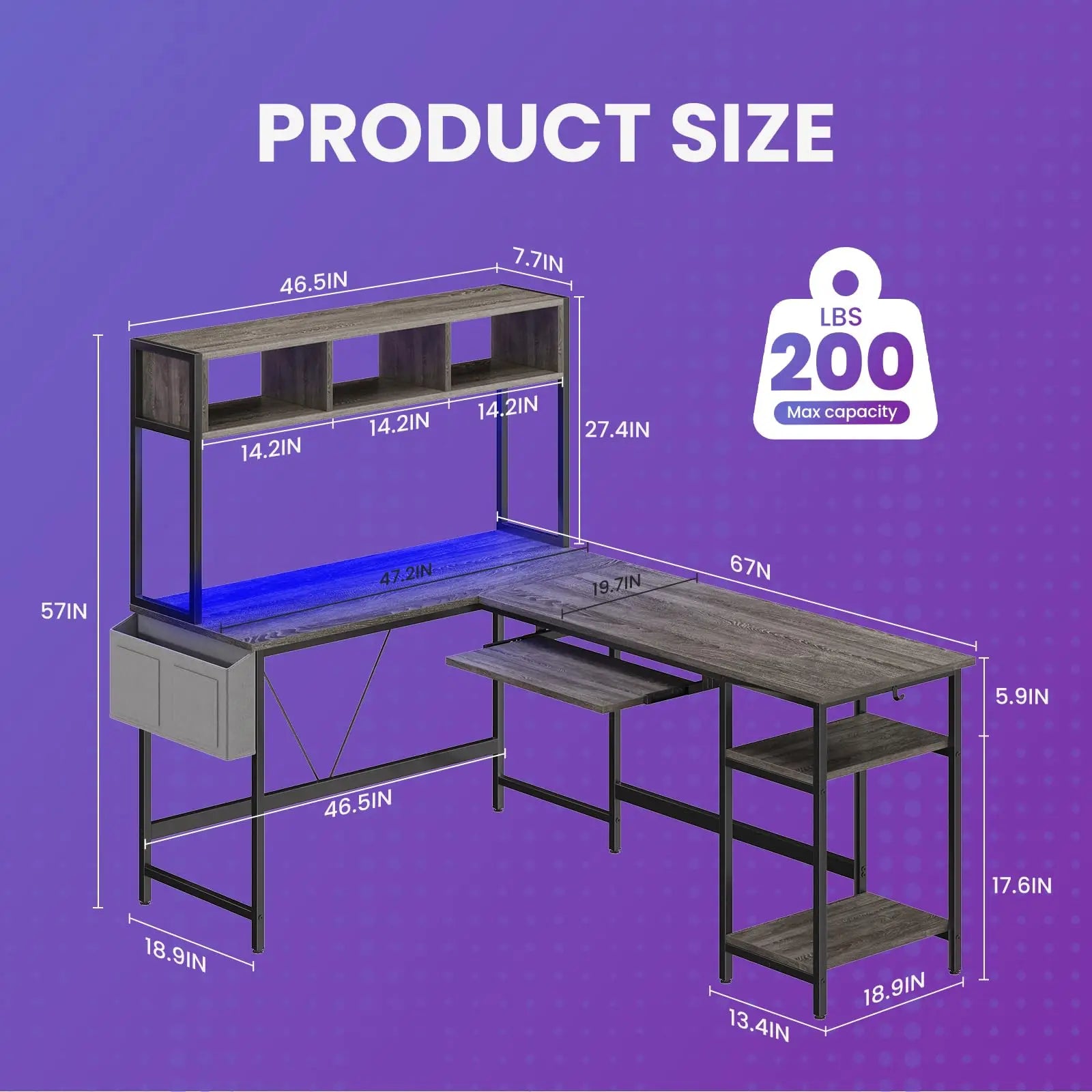 JHK 67-inch L-shaped gaming desk with keyboard tray, storage shelf, LED lighting, and metal frame