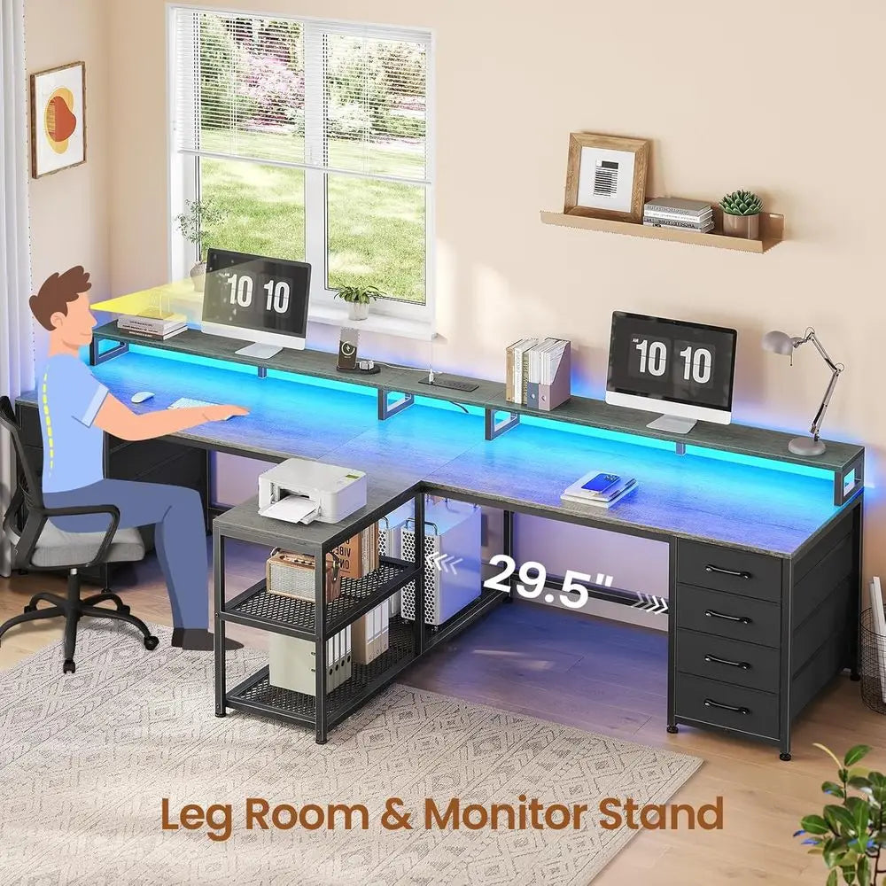 94.5-inch 2-person gaming and home office desk with blue LED lighting, dual monitors, and storage drawers